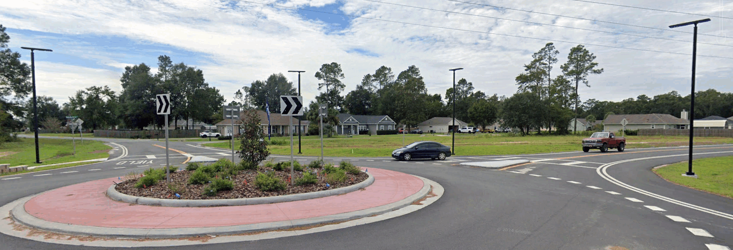 image of solar street lights at a traffic roundabout panama city florida dot